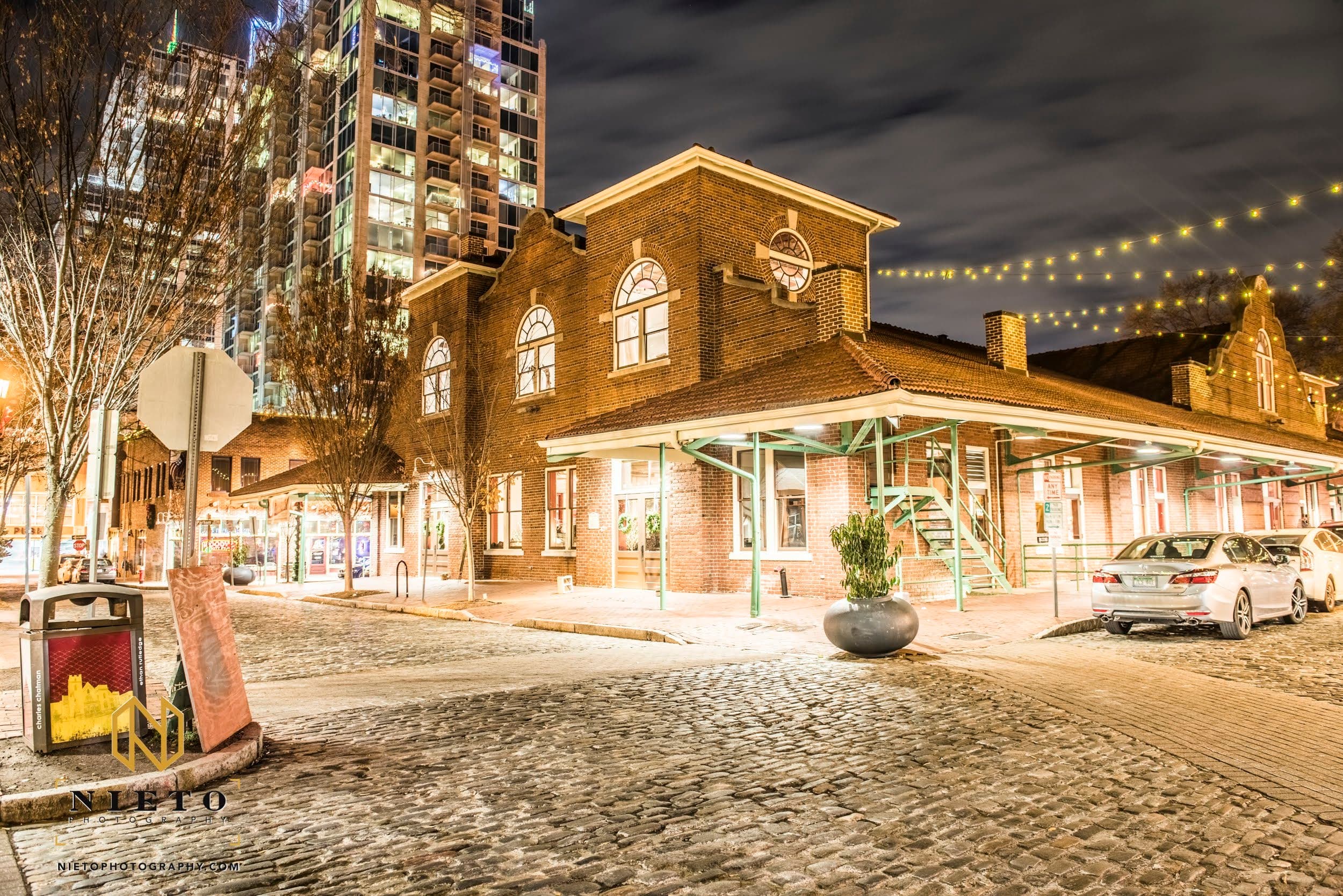 Venue outside, lights night time