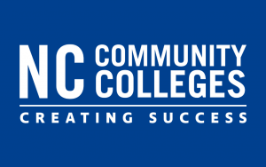 North Carolina Community Colleges Logo, white lettering on a blue background.